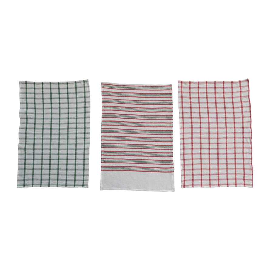 Cotton Waffle Weave Tea Towel w/ Stripes/Grid Pattern, 3 Styles-Lemons and Limes Boutique