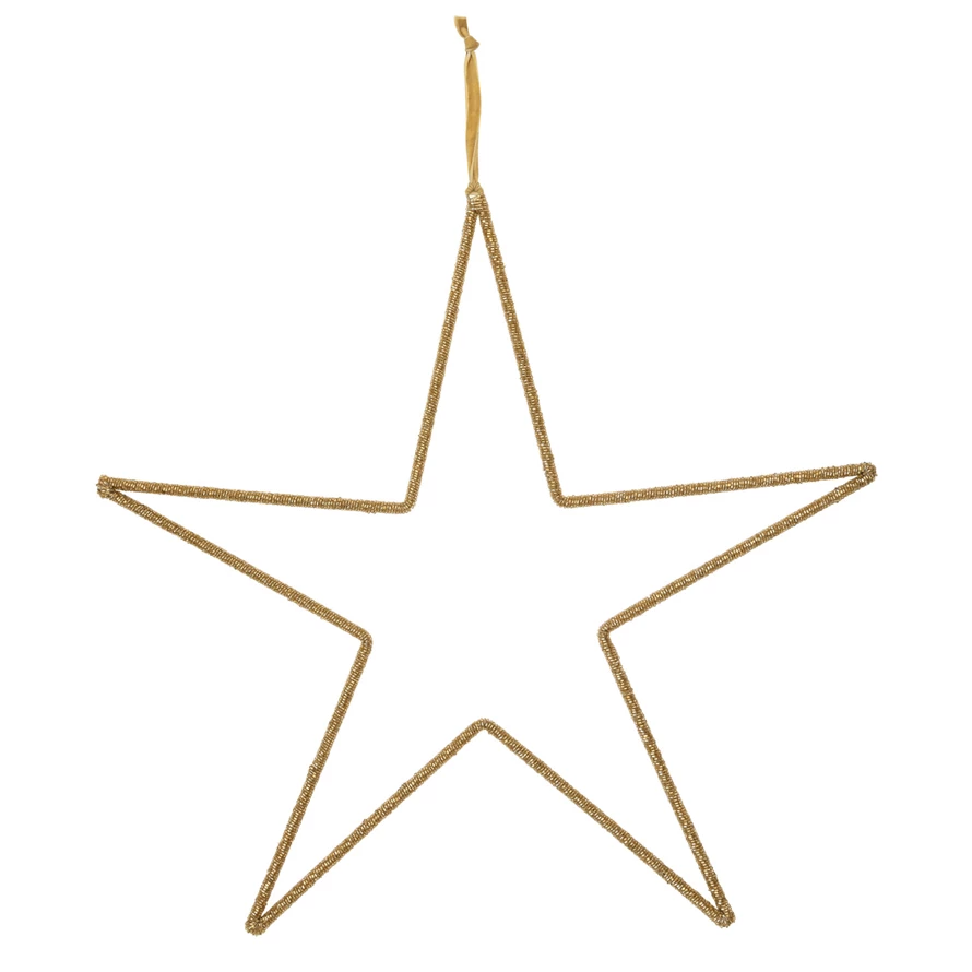 Hanging Metal & Glass Bead Star w/ Cotton Velvet Ribbon, Gold Finish-Lemons and Limes Boutique