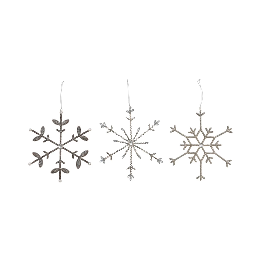 Glass Beaded Metal & Acrylic Jewel Snowflake Ornament, Silver Finish, 3 Styles-Lemons and Limes Boutique