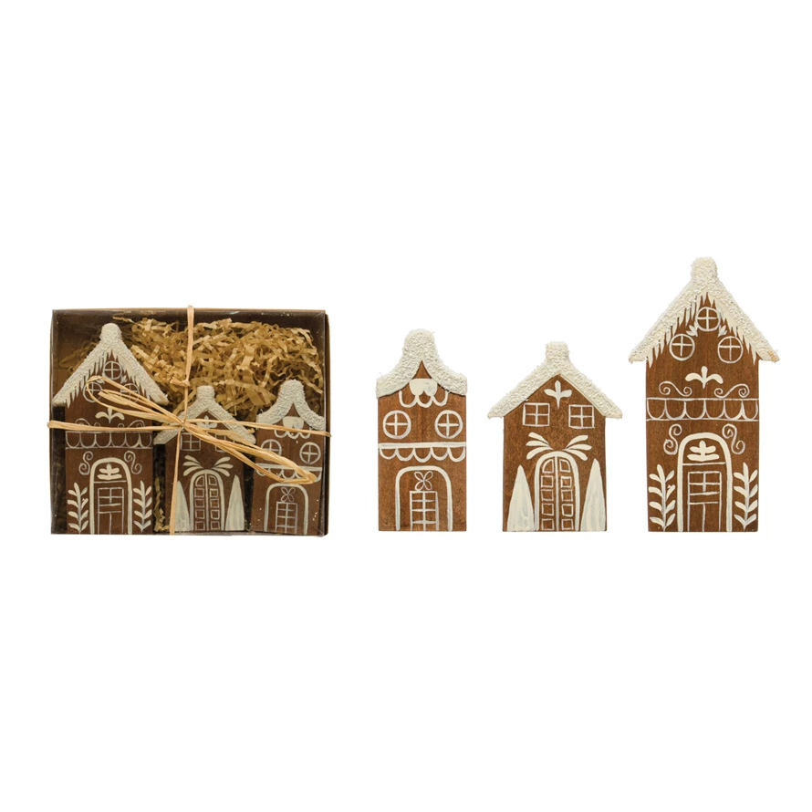 Hand-Painted Pine Wood Houses w/ Faux Snow, Brown & White, Boxed Set of 3-Lemons and Limes Boutique