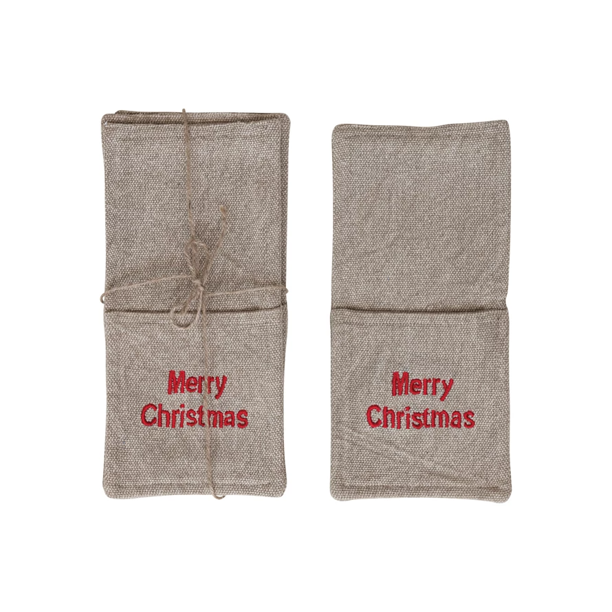 Woven Cotton Cutlery Sleeves w/ Embroidery "Merry Christmas", Set of 4-Lemons and Limes Boutique