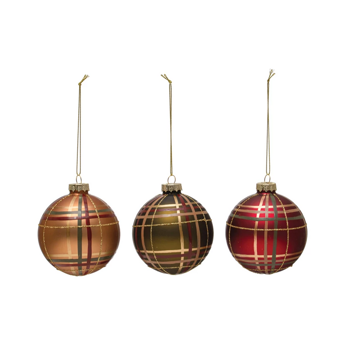 Round Hand-Painted Glass Ball Ornament w/ Glitter, Multi Color Plaid--Lemons and Limes Boutique
