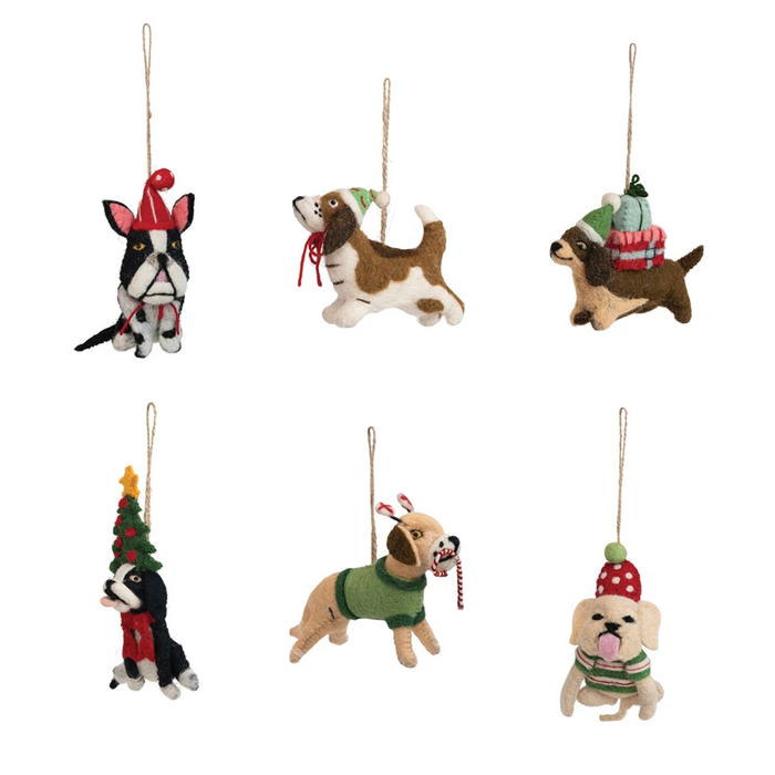 5"H Handmade Wool Felt Dog Ornament w/ Embroidery, Multi Color in 6 Styles-Lemons and Limes Boutique