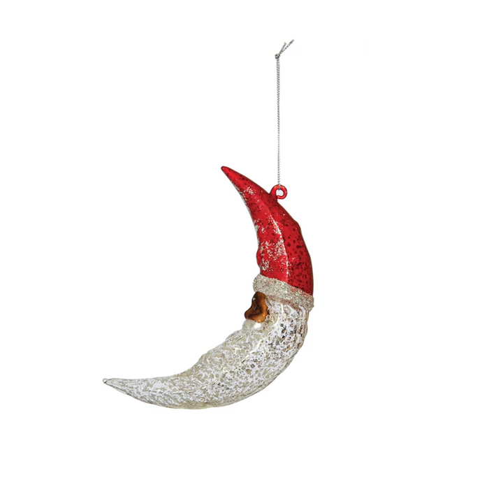 Hand-Painted Mercury Glass Santa Moon Ornament w/ Glitter, Red & Silver Finish--Lemons and Limes Boutique