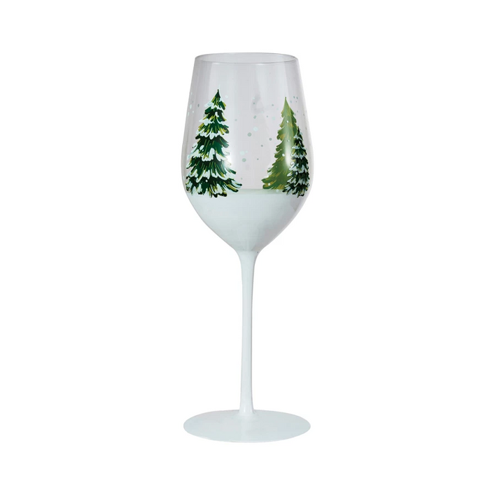 12 oz. Hand-Painted Stemmed Wine Glass w/ Trees & Snow, Green & White-Lemons and Limes Boutique