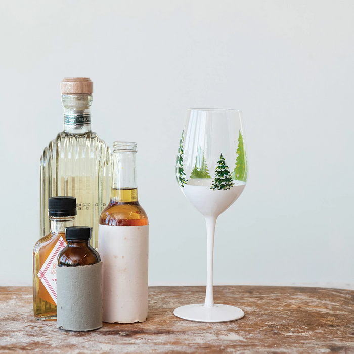 12 oz. Hand-Painted Stemmed Wine Glass w/ Trees & Snow, Green & White-Lemons and Limes Boutique
