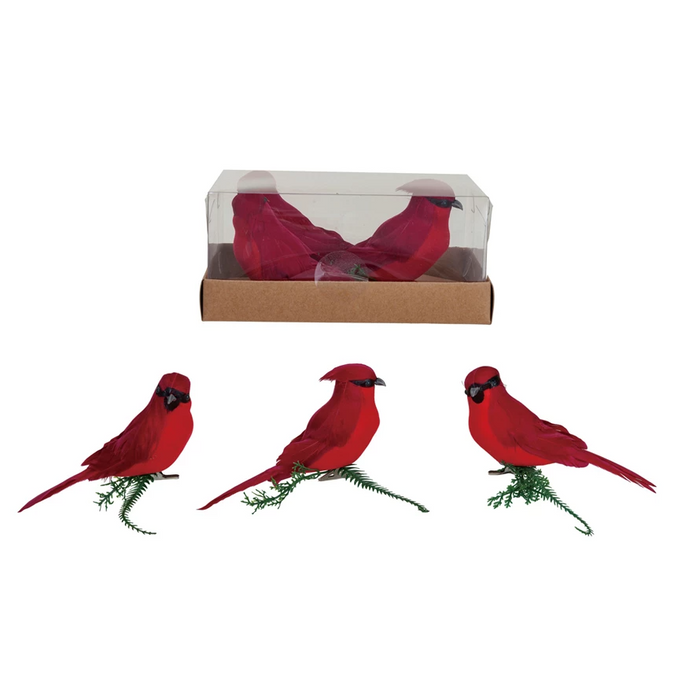 Foam & Feather Cardinal Clip-on Ornaments, Red, Boxed Set of 3-Lemons and Limes Boutique