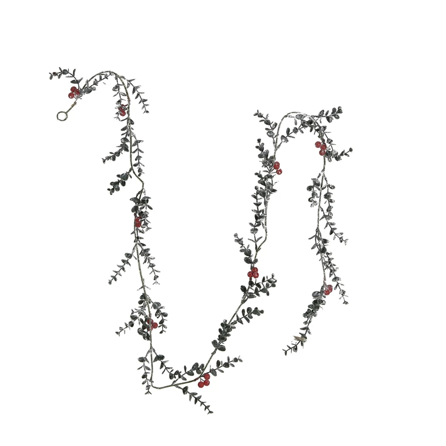 Faux Boxwood Garland w/ Red Berries with Frost Finish in Green-Lemons and Limes Boutique