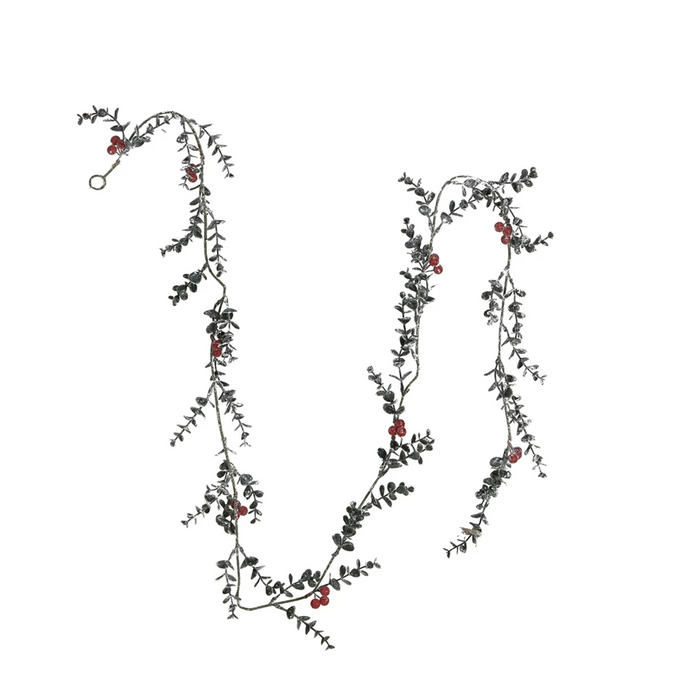 Faux Boxwood Garland w/ Red Berries with Frost Finish in Green-Lemons and Limes Boutique