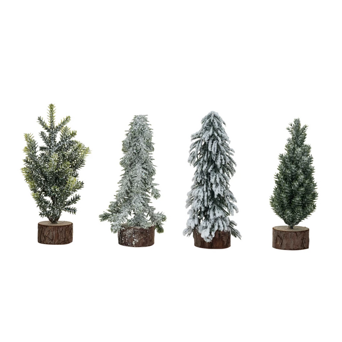 Faux Evergreen Tree w/ Wood Base, Snow Finish, Green & Natural in 4 Styles-Lemons and Limes Boutique
