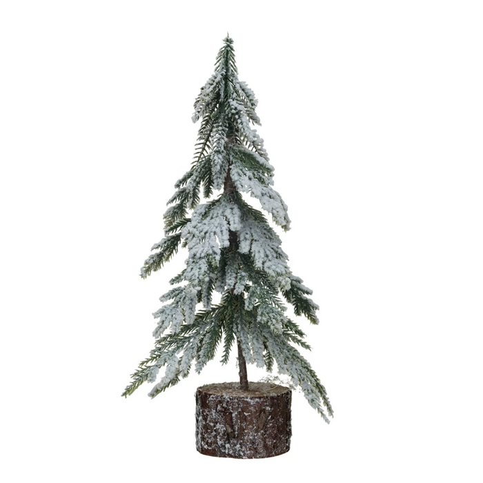 Faux Fir Tree w/ Wood Base, Snow Finish, Green-Lemons and Limes Boutique
