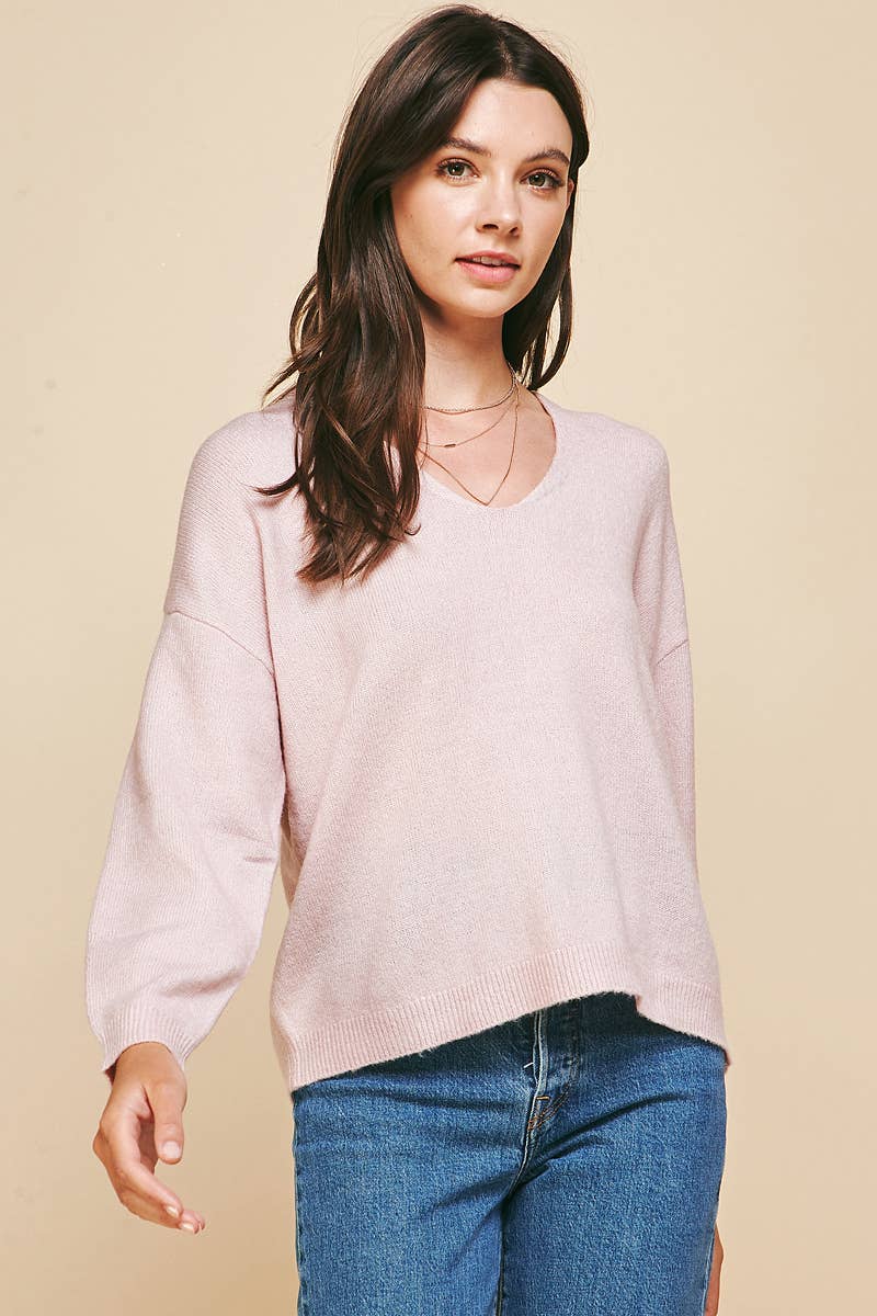 Deep Neck Long Sleeve Sweater in Pink-Lemons and Limes Boutique