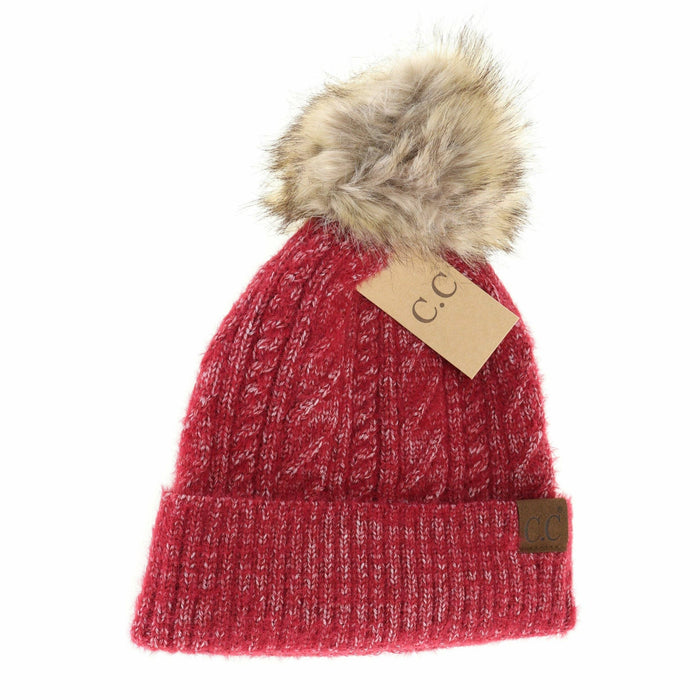 Soft Cuff Cable Knit Fur Pom Beanie Hat in Crimson by C.C. Beanie--Lemons and Limes Boutique