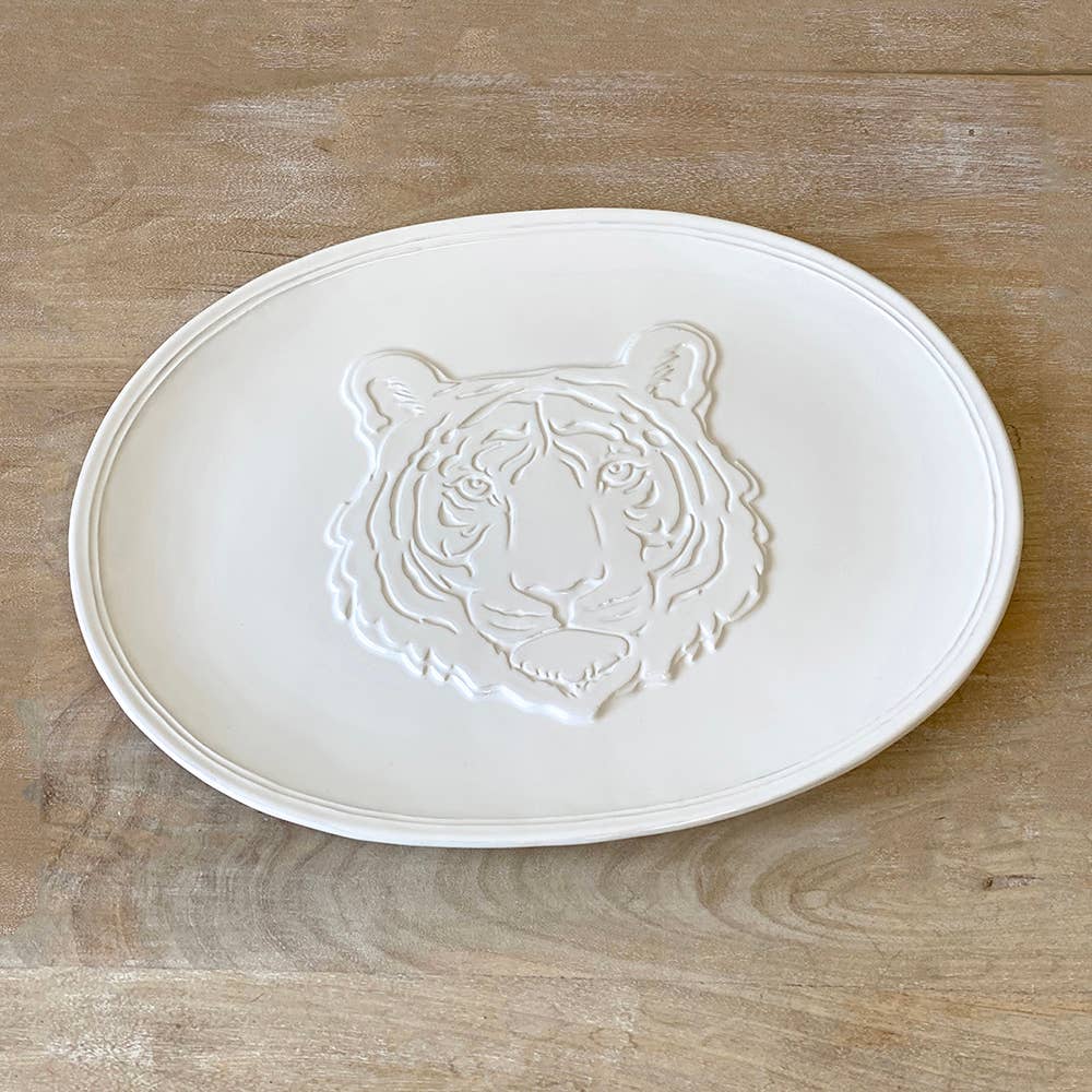 Go Get 'em Tiger Embossed Platter White--Lemons and Limes Boutique