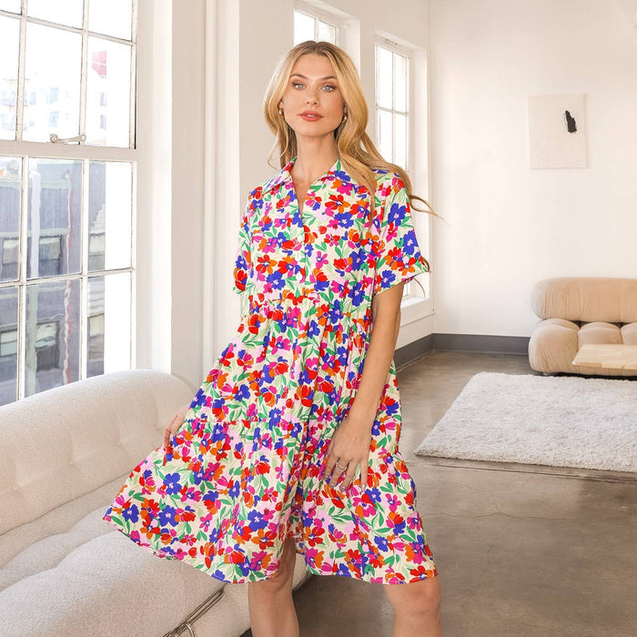 Two Layered Button Down Colorful Floral Dress--Lemons and Limes Boutique