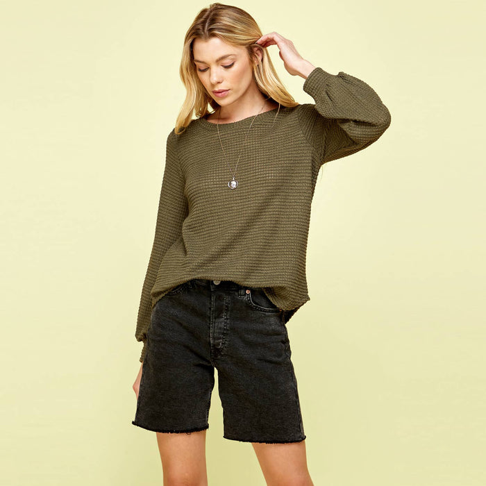 Kayla Waffle Sweater in Olive-Lemons and Limes Boutique