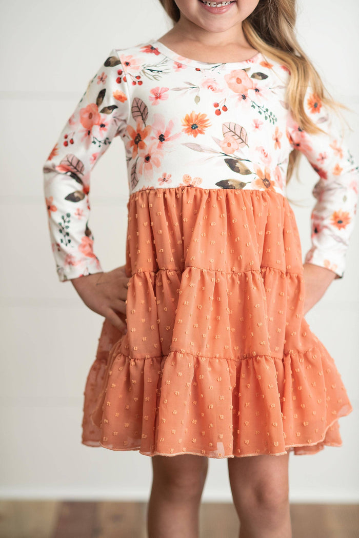 Kids Rust Fall Floral Print Swiss Dot Tulle Dress--Lemons and Limes Boutique