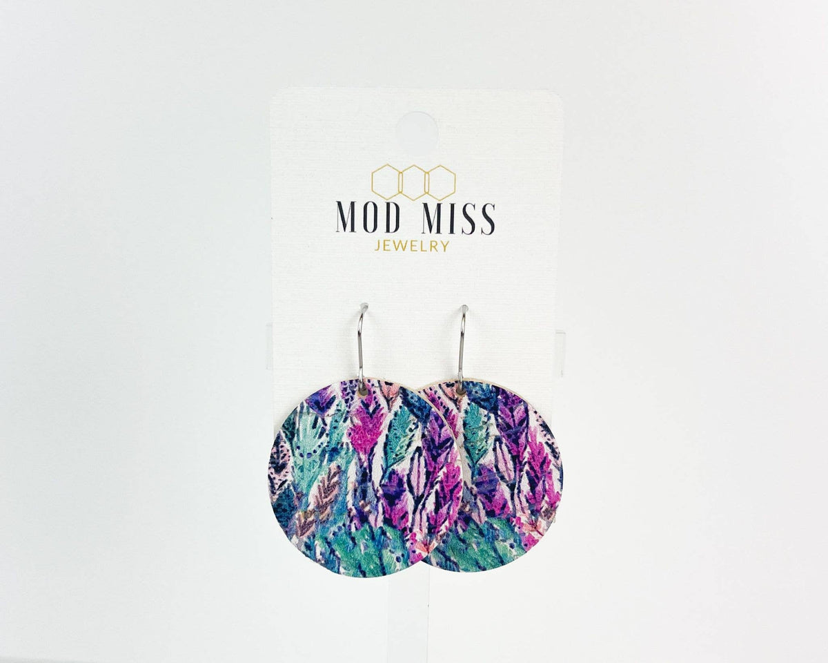 Cork+Leather Round Earring "Watercolor Feathers"--Lemons and Limes Boutique