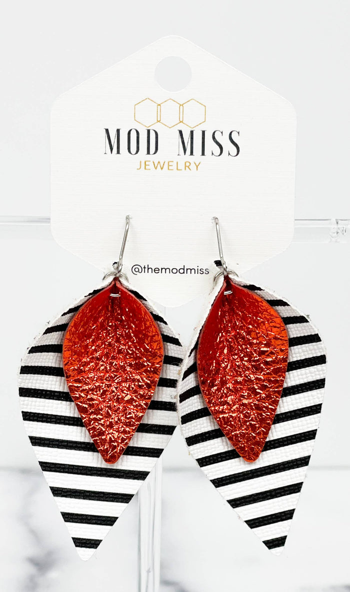 Leather Stacked Petal Earring in Metallic Orange+Black & White Stripes with Stainless Hook-Lemons and Limes Boutique
