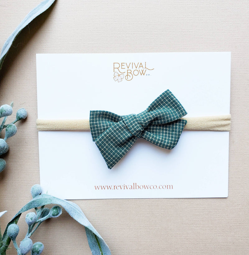 Christmas Bow on Headband in Spruce Check--Lemons and Limes Boutique