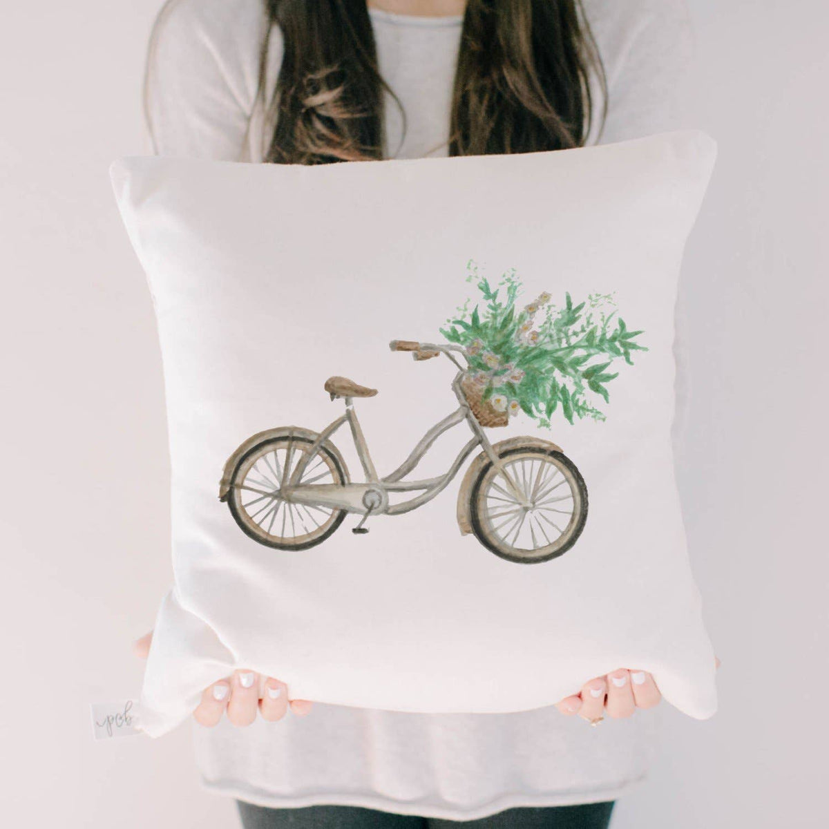 Floral Bike Watercolor Pillow-White--Lemons and Limes Boutique