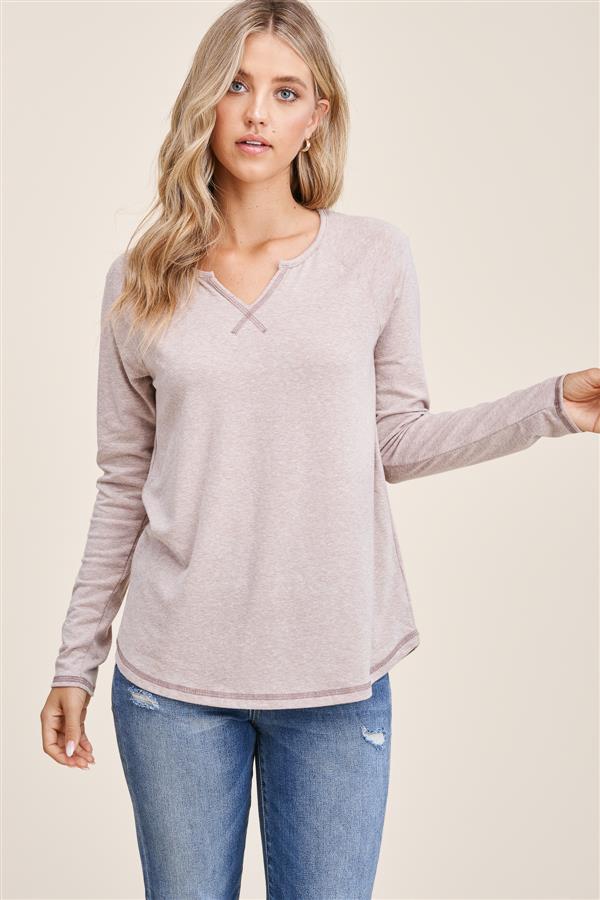 Kylee Split Neck Top in Taupe-Apparel-Lemons and Limes Boutique