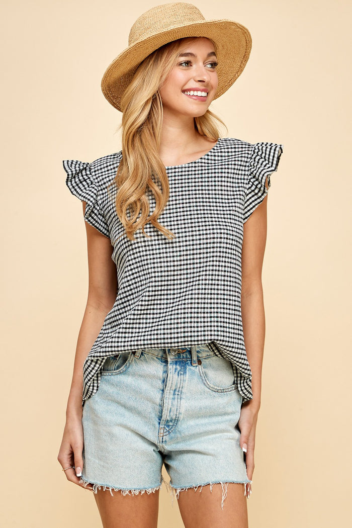 Ruffled Short Sleeved Checkered Printed Top in Black-Lemons and Limes Boutique