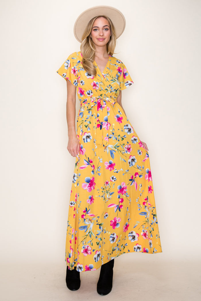 Surplus Self Tie Floral Maxi Dress in Mustard--Lemons and Limes Boutique