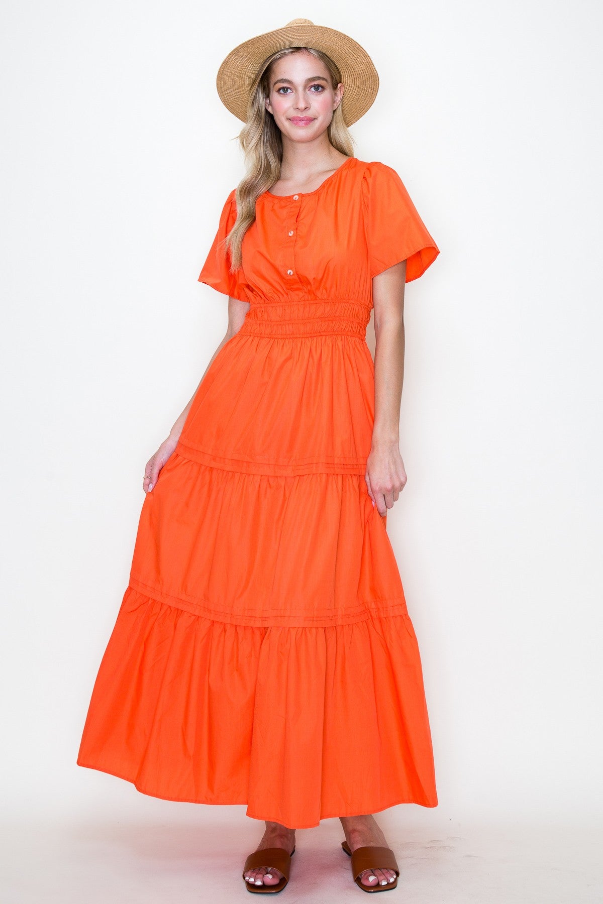 Tiered Poplin Maxi Dress in Orange-Lemons and Limes Boutique