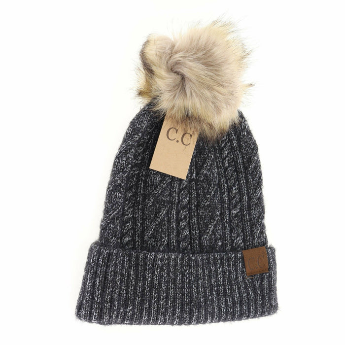 Soft Cuff Cable Knit Fur Pom Hat in Black by C.C Beanie--Lemons and Limes Boutique