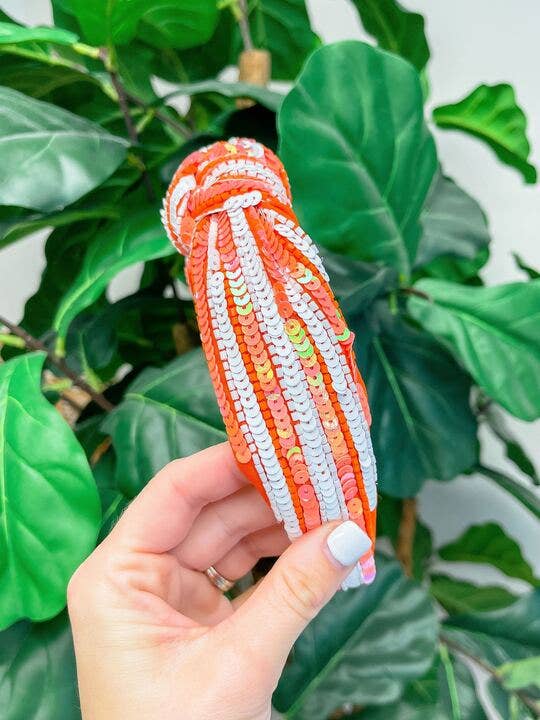 Game Day Sequin Headbands - Orange & White-Lemons and Limes Boutique