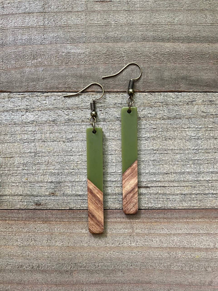 KMD Avocado Green & Wood Bohemian Earrings-Dangle Earrings-Lemons and Limes Boutique