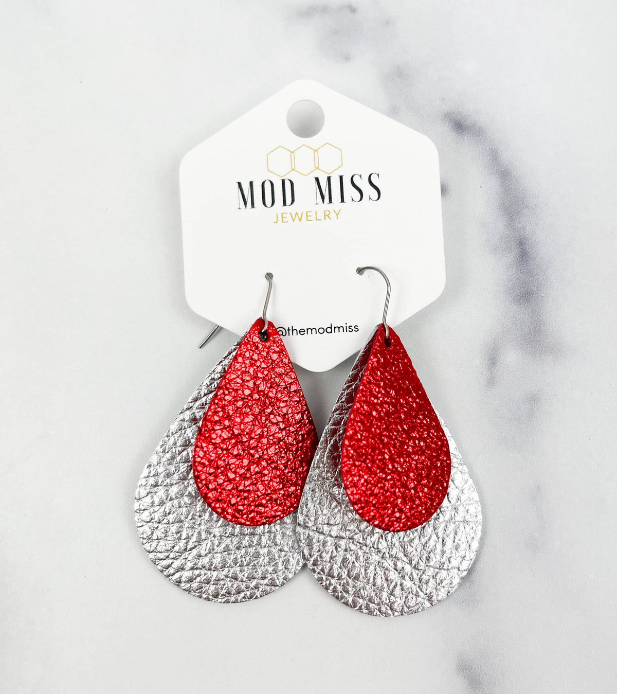 Leather Stacked Teardrop 2" Earring in Metallic Red on Metallic Silver--Lemons and Limes Boutique