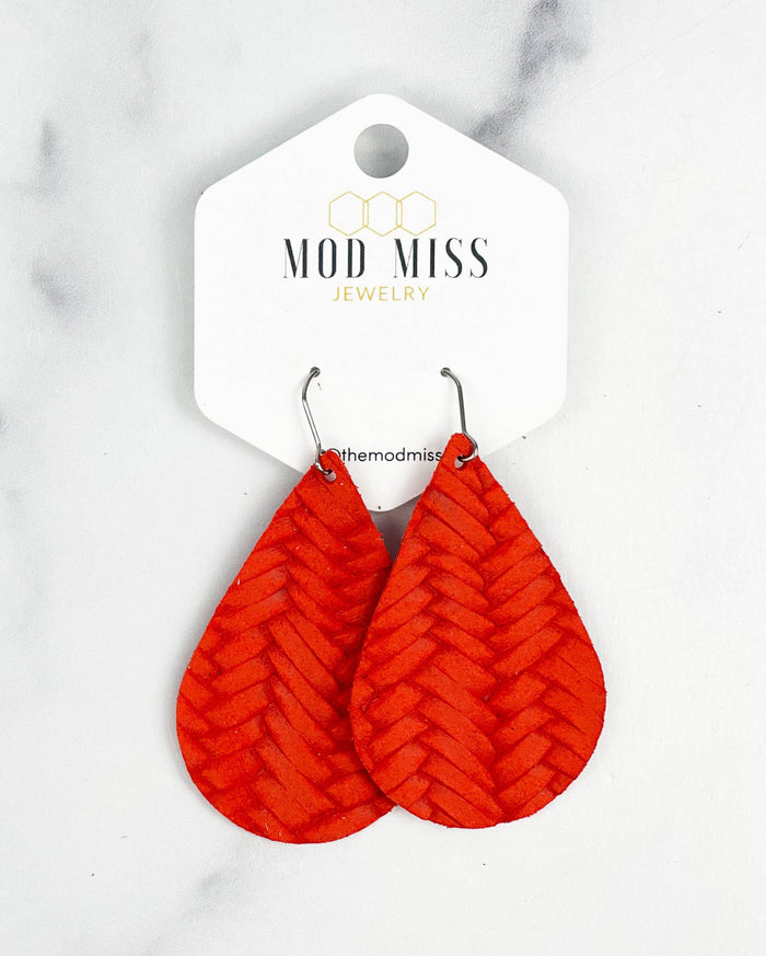 Leather Teardrop Earring 2" in Weaved Orange-Lemons and Limes Boutique
