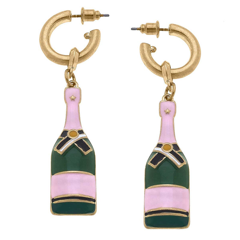 Lola Enamel Champagne Bottle Earrings in Pink & Green Canvas Style--Lemons and Limes Boutique