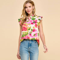 Floral Printed V neck with Ruffled Short Sleeves Pink Print--Lemons and Limes Boutique