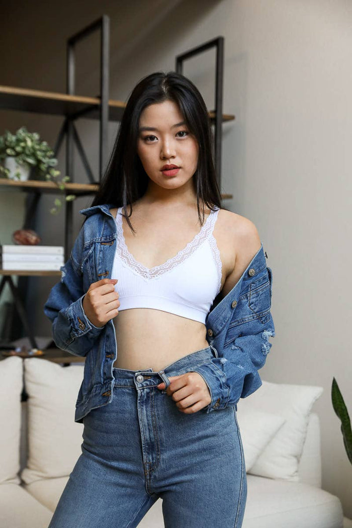 Lace Trim Padded Bralette In White-Lemons and Limes Boutique