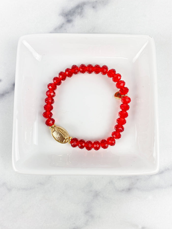 Bracelet Crystal Beaded Gold Football in Red--Lemons and Limes Boutique