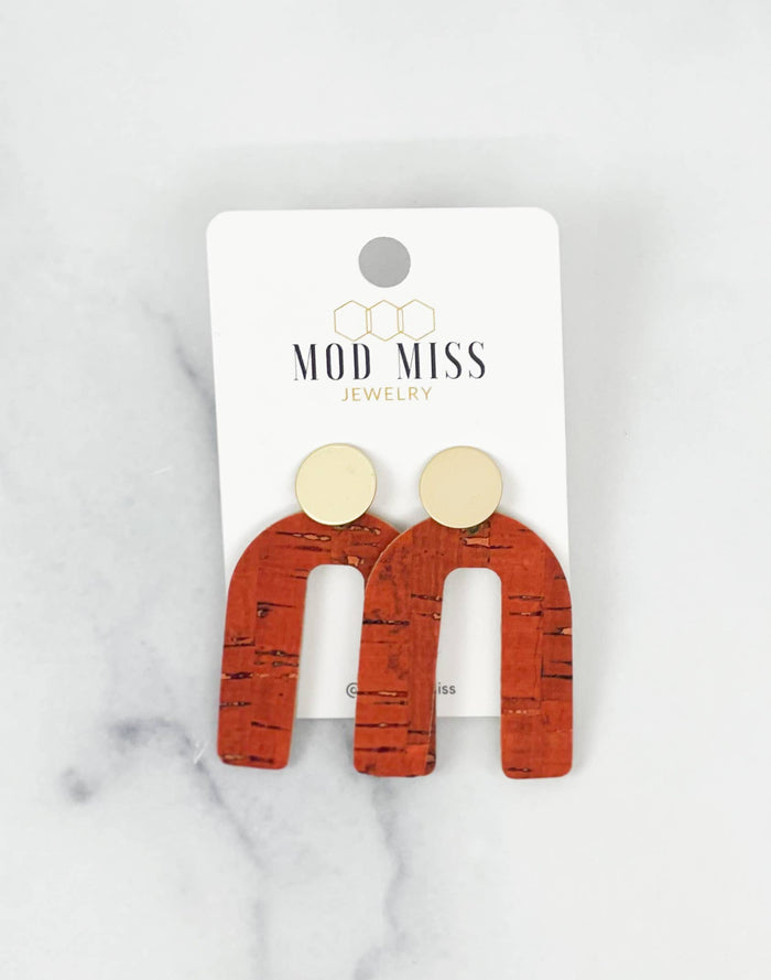 Cork+Leather Arch Earring in Burnt Orange with Gold Stud-Lemons and Limes Boutique