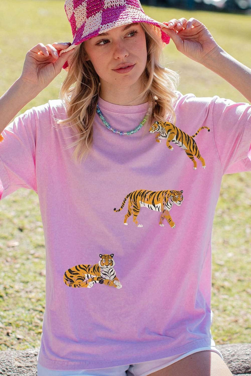 Women's Mineral Washed Tigers Graphic Tee in Baby Pink--Lemons and Limes Boutique