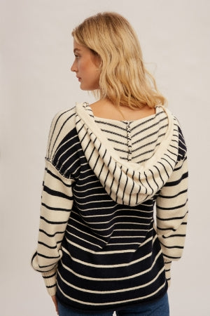 Stripe Color Block Hoodie Crop Sweater Ivory/Navy-Lemons and Limes Boutique
