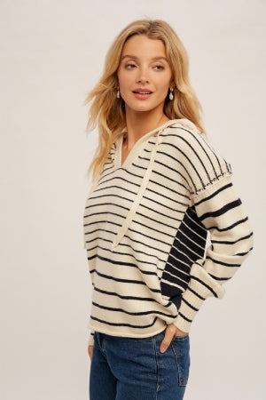 Stripe Color Block Hoodie Crop Sweater Ivory/Navy-Lemons and Limes Boutique