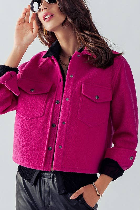 Bella Snap Button Semi Crop Teddy Jacket in Fushia--Lemons and Limes Boutique