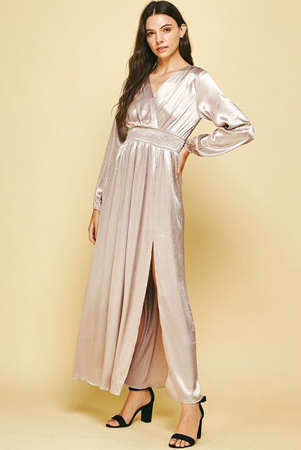 Kira V-Neck Dress - Champagne-Apparel-Lemons and Limes Boutique