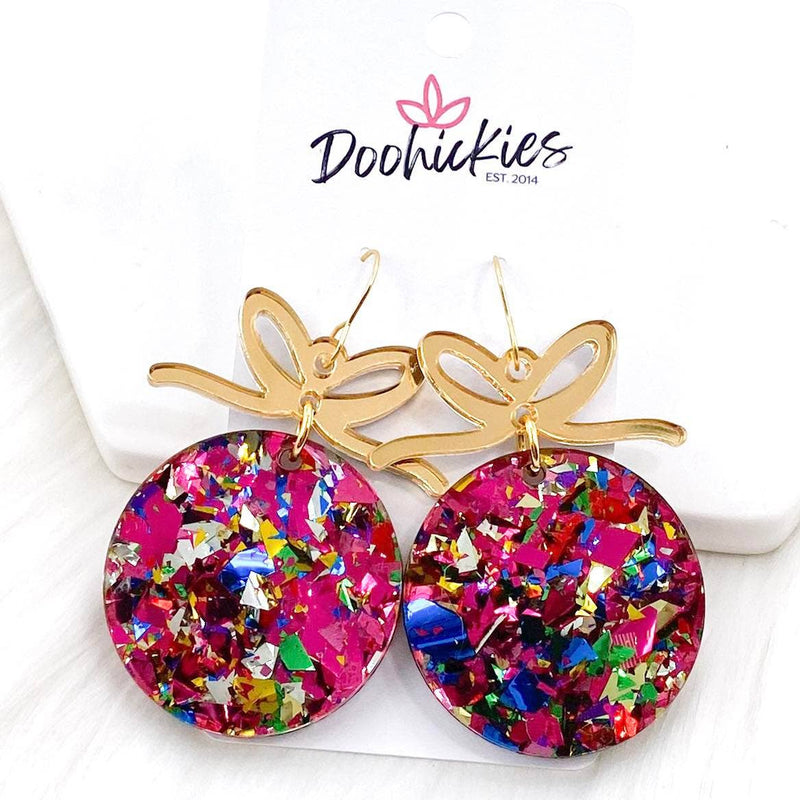 2.25" Party Pink Confetti Round Ornament Christmas Earrings-Lemons and Limes Boutique