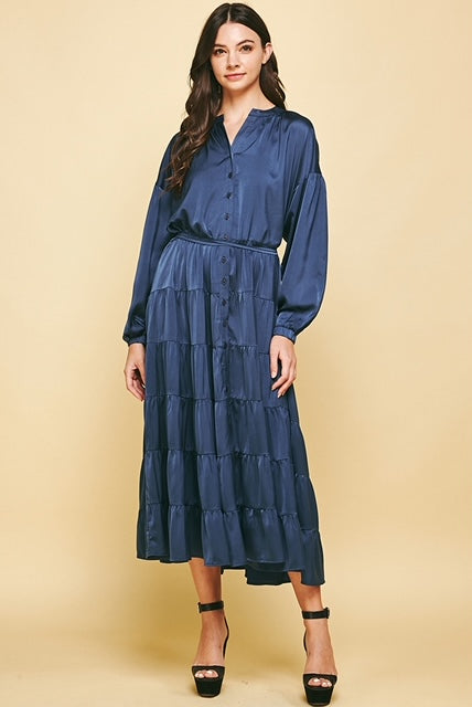 Esme Button Down Tiered Dress - Navy-Apparel-Lemons and Limes Boutique