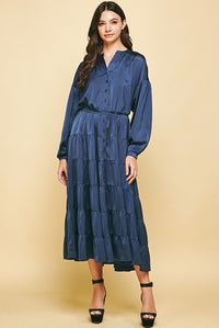 Esme Button Down Tiered Dress - Navy-Apparel-Lemons and Limes Boutique