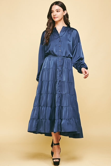 Esme Button Down Tiered Dress - Navy-Apparel-Lemons and Limes Boutique