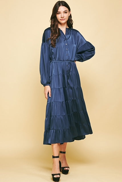 Esme Button Down Tiered Dress - Navy-Apparel-Lemons and Limes Boutique