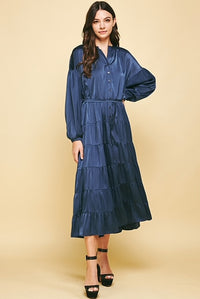Esme Button Down Tiered Dress - Navy-Apparel-Lemons and Limes Boutique